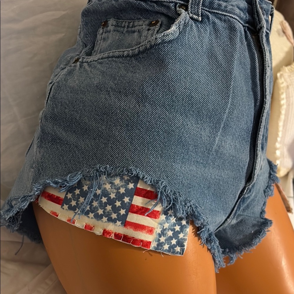 Vintage Denim Blue jeans CHEEKY FIT Shorts SIZE 11/12 USA AMERICAN FLAG